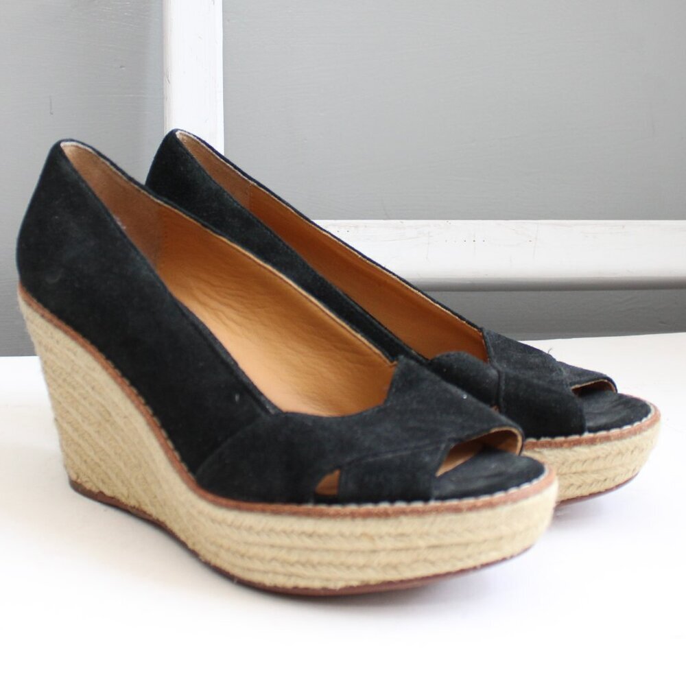 KORS Michael Kors Black Suede Platform Wedge Espadrille Open-Toe Heels Size 8.5 - Picture 1 of 6